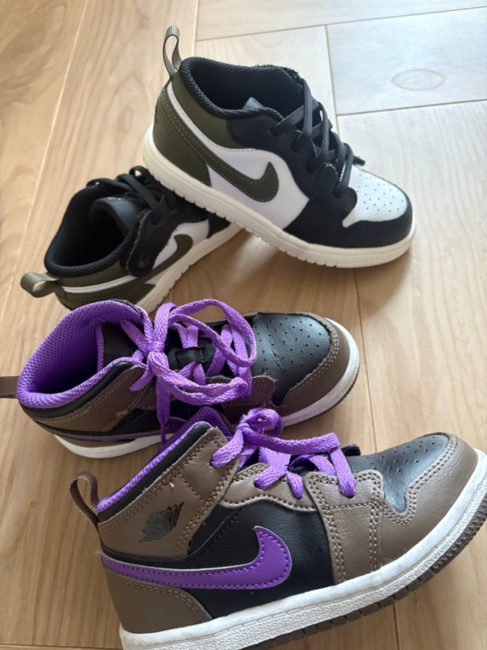 2 pairs of Air Jordan Nike Kids' Sneakers — Black/Olive and Brown/Purple size 10